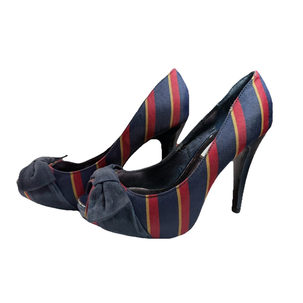 Steve Madden Yacht Womens 6M Navy Red Stripe Bow Peep Toe Pumps Heels